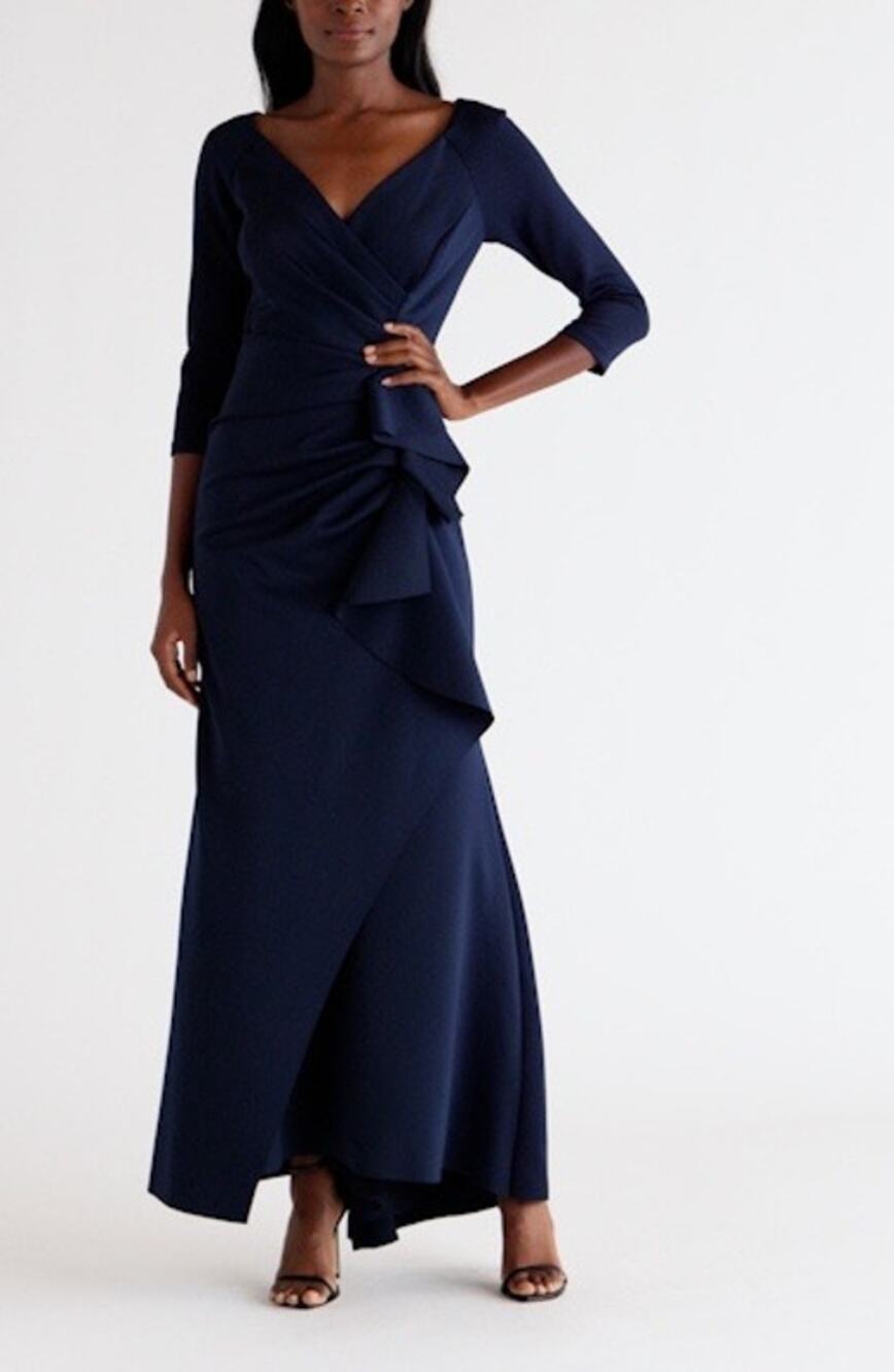 Xscape Navy Ruched Scuba Ruffle Front 3/4 Sleeve V-Neck Evening Gown Size 10
